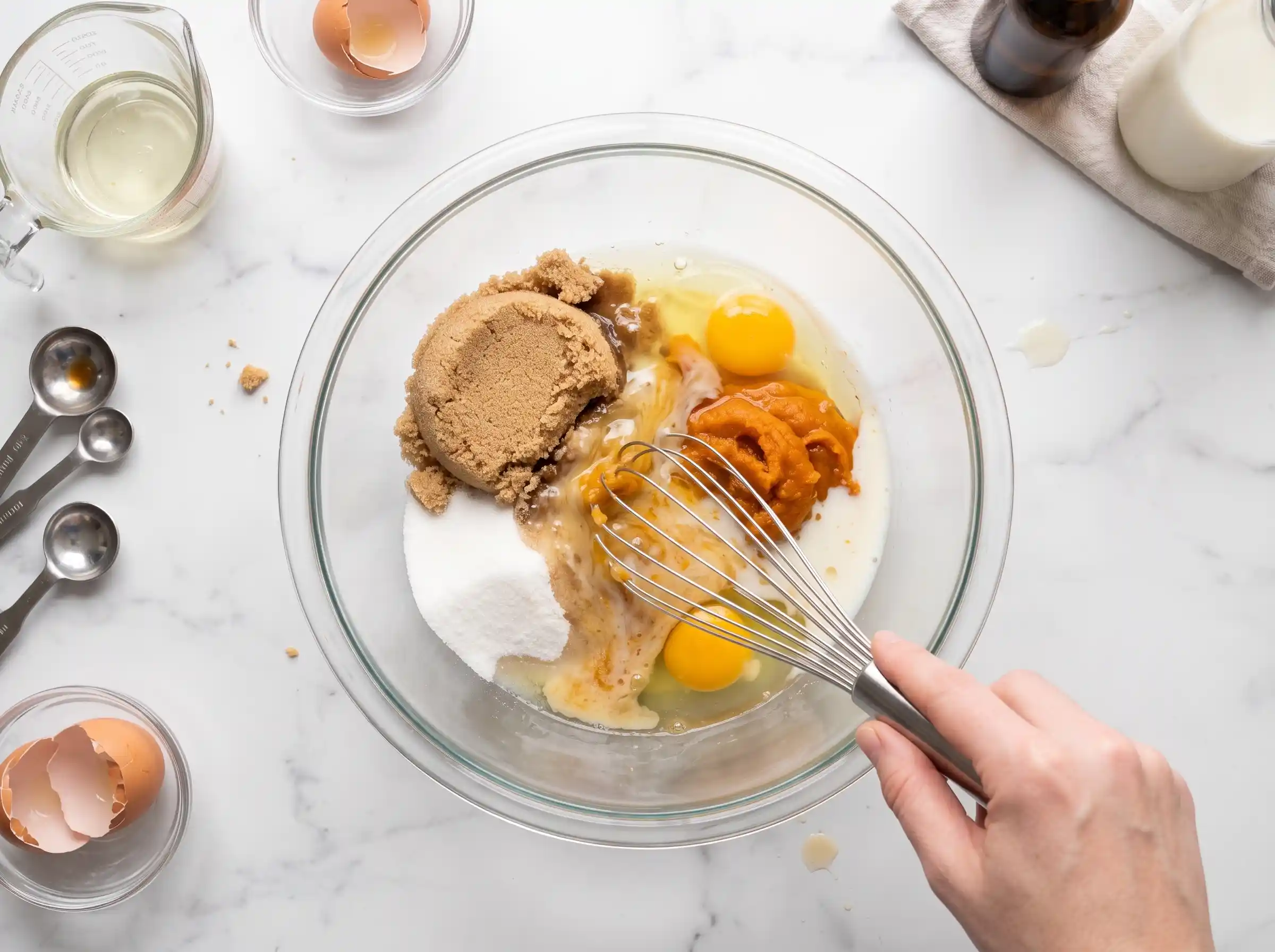 Gently combining the wet and dry ingredients in a large bowl to form the pumpkin cream cheese muffins batter.