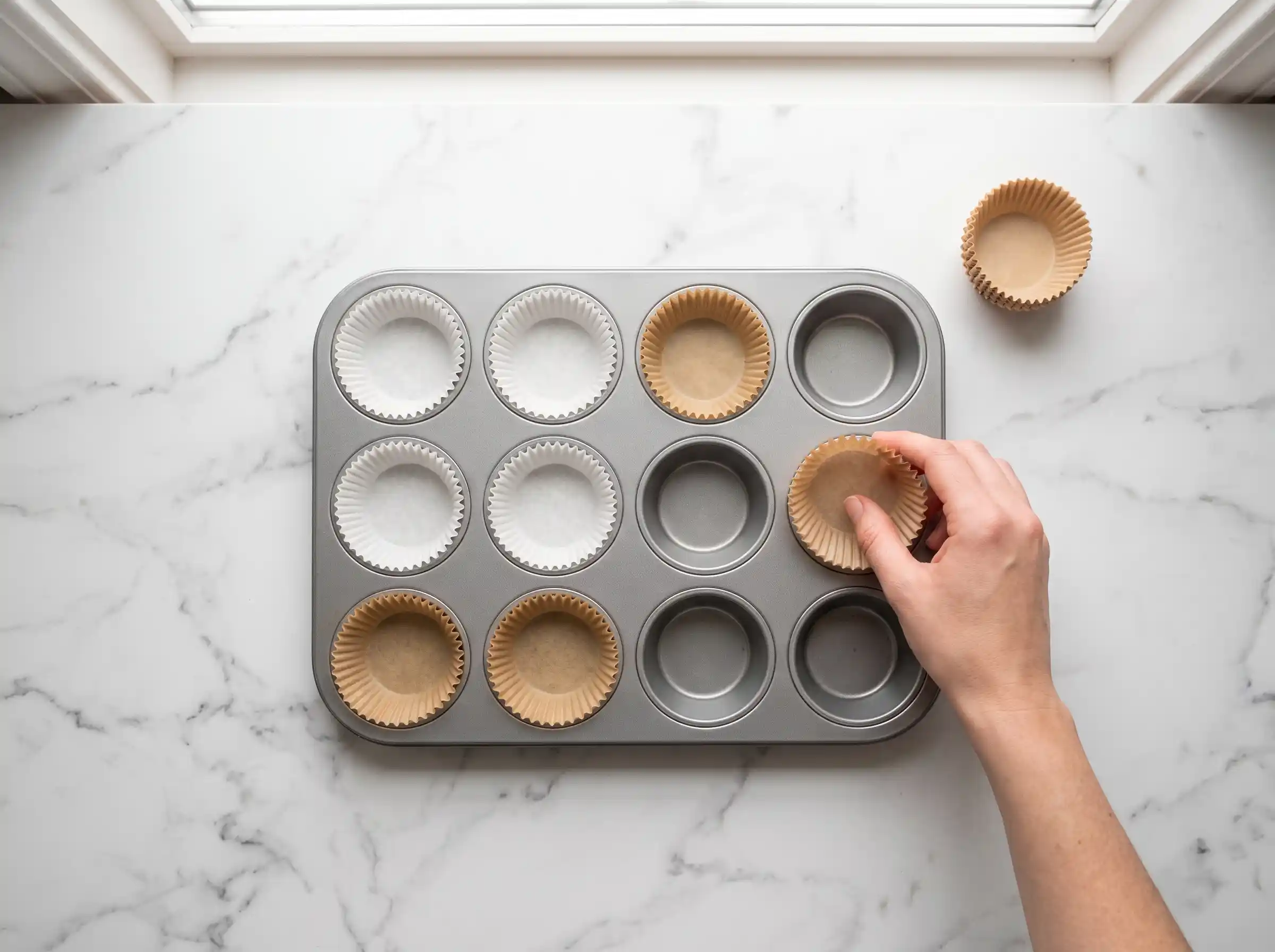 Scooping the orange pumpkin batter into a lined muffin tin for baking the pumpkin cream cheese muffins.