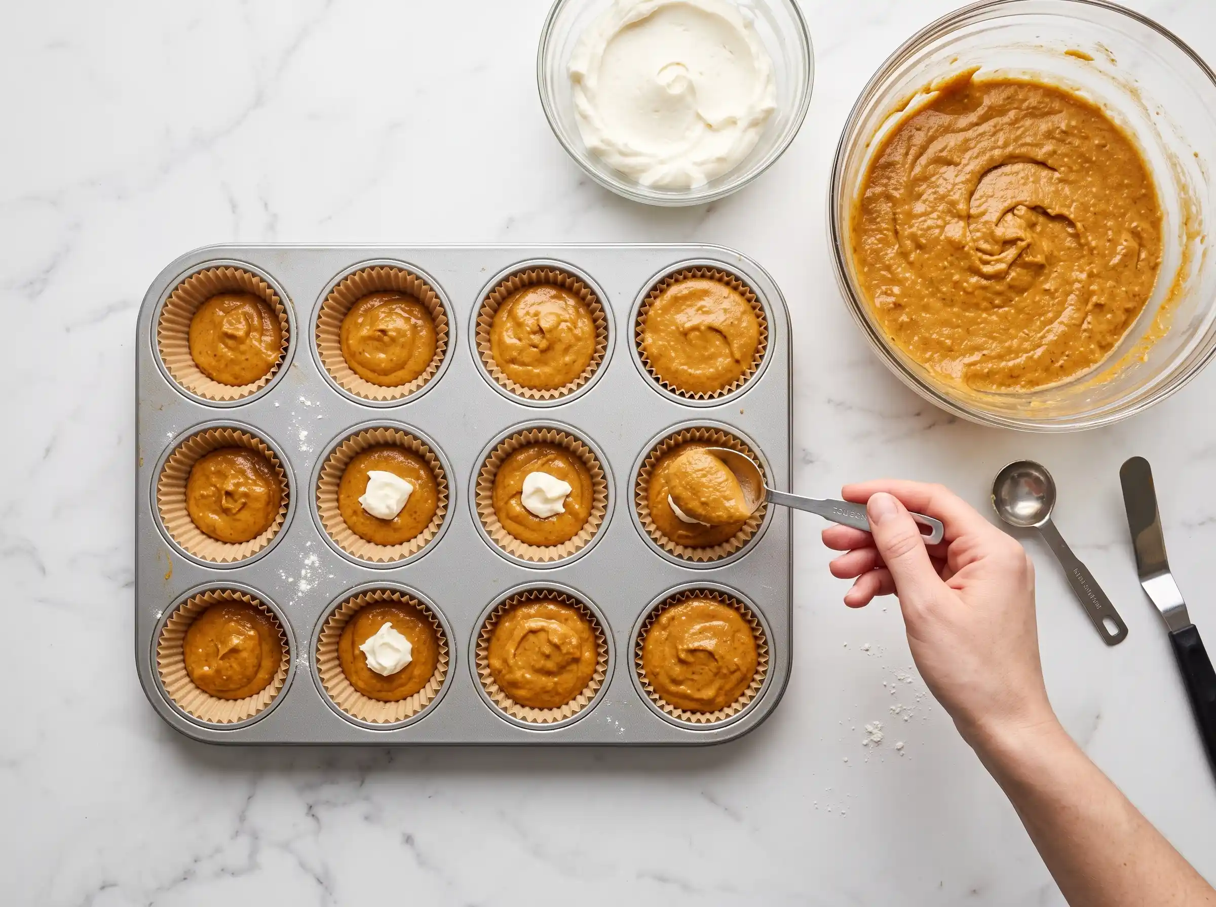 Placing a dollop of cream cheese filling on top of the pumpkin batter in each muffin cup for the pumpkin cream cheese muffins.