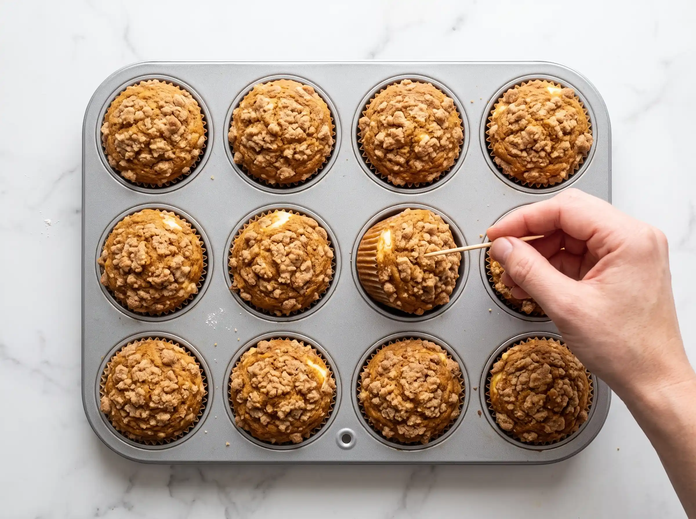 Sprinkling a sweet streusel topping with nuts over the tops of the prepared pumpkin cream cheese muffins before baking.