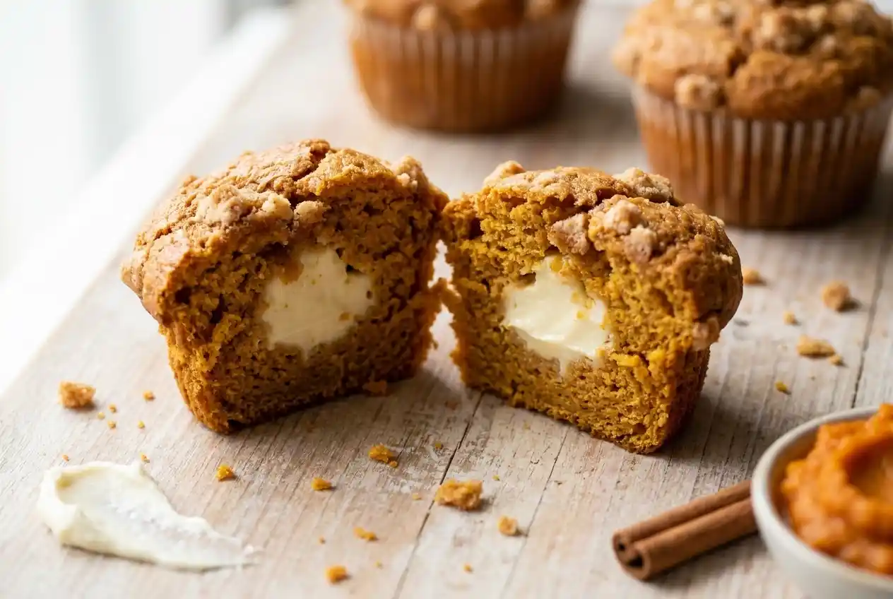 A close-up of a stacked wire basket filled with freshly baked pumpkin cream cheese muffins, showing a cream cheese swirl, nuts, and newspaper liners.
