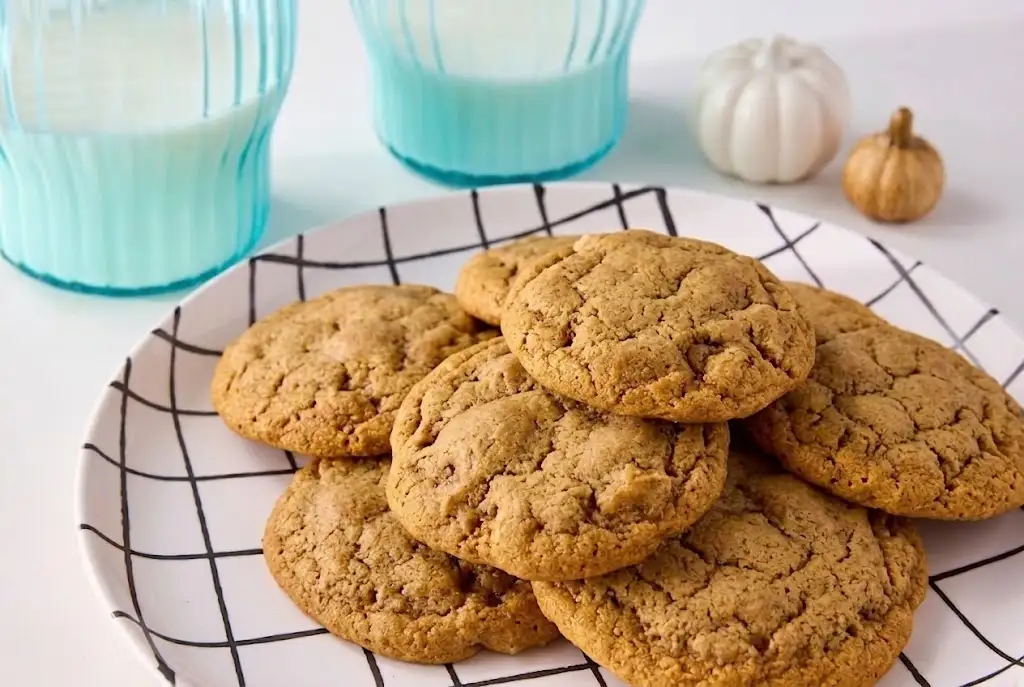 A close-up stack of fresh, chewy Pumpkin Snickerdoodle Cookies coated in cinnamon sugar on a rustic plate.