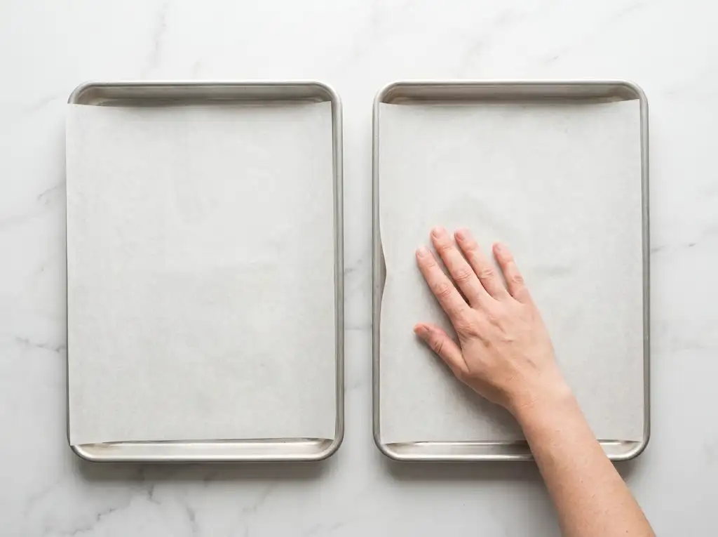 STEP1 Pumpkin Cookies with Cream Cheese Frosting "A metal baking sheet lined with parchment paper on a kitchen counter, prepared for baking homemade pumpkin cookies."