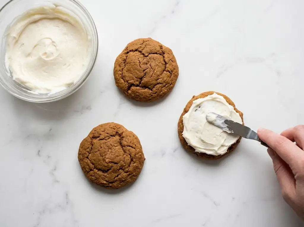 STEP10 Pumpkin Cookies with Cream Cheese Frosting "Using an offset spatula to spread a generous layer of cream cheese frosting over a completely cooled pumpkin cookie."