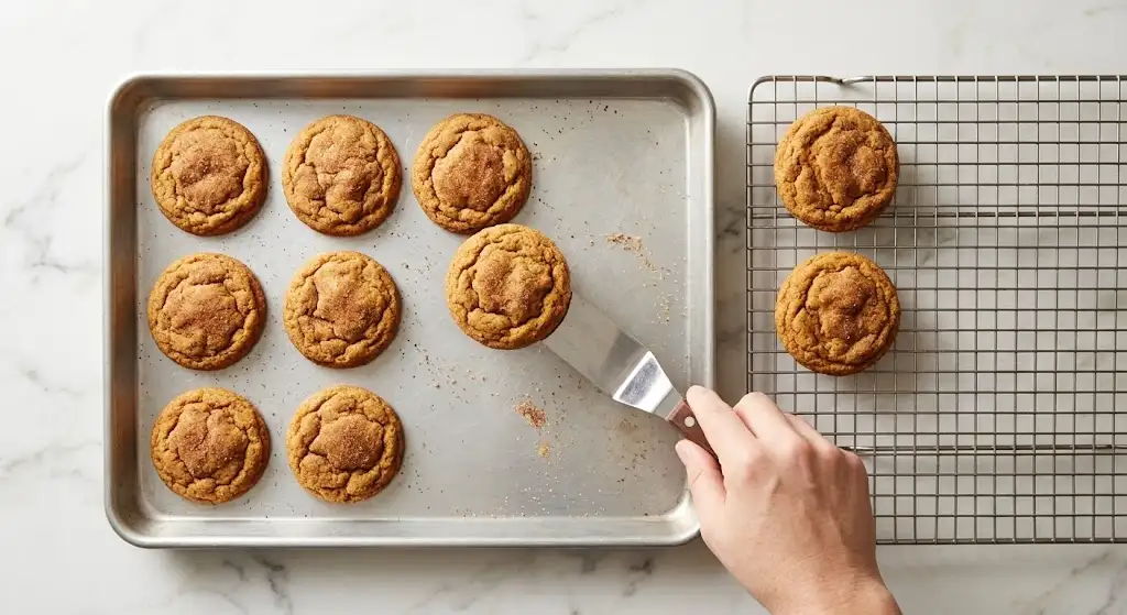 Transferring the final, baked Pumpkin Snickerdoodle Cookies from the baking sheet to a wire rack to cool completely.