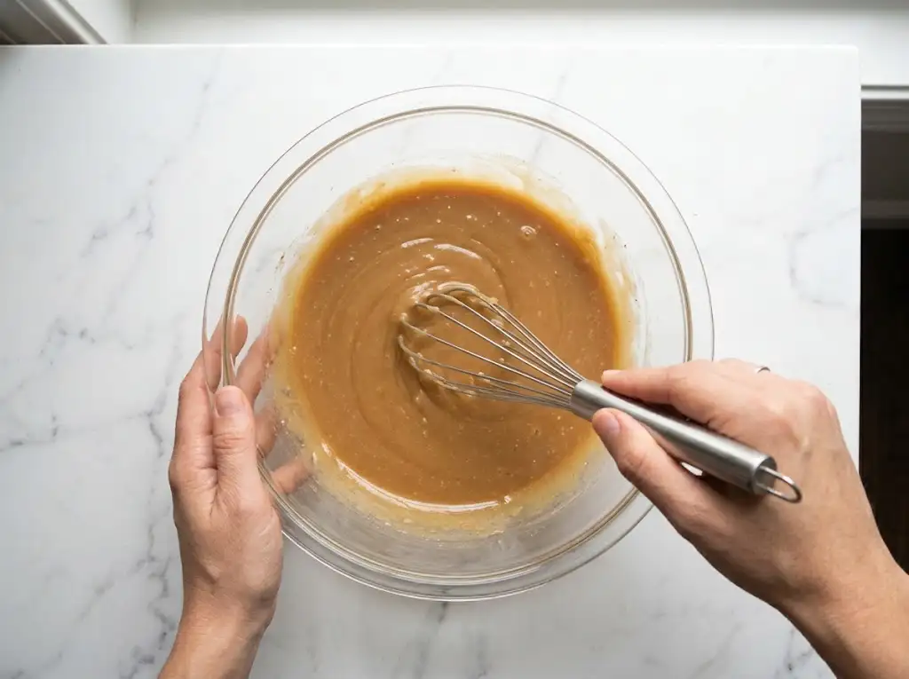 STEP2 Moist Pumpkin Bread A hand whisks eggs and sugars together in a large glass bowl to create a smooth, caramel-colored base for Moist Pumpkin Bread.