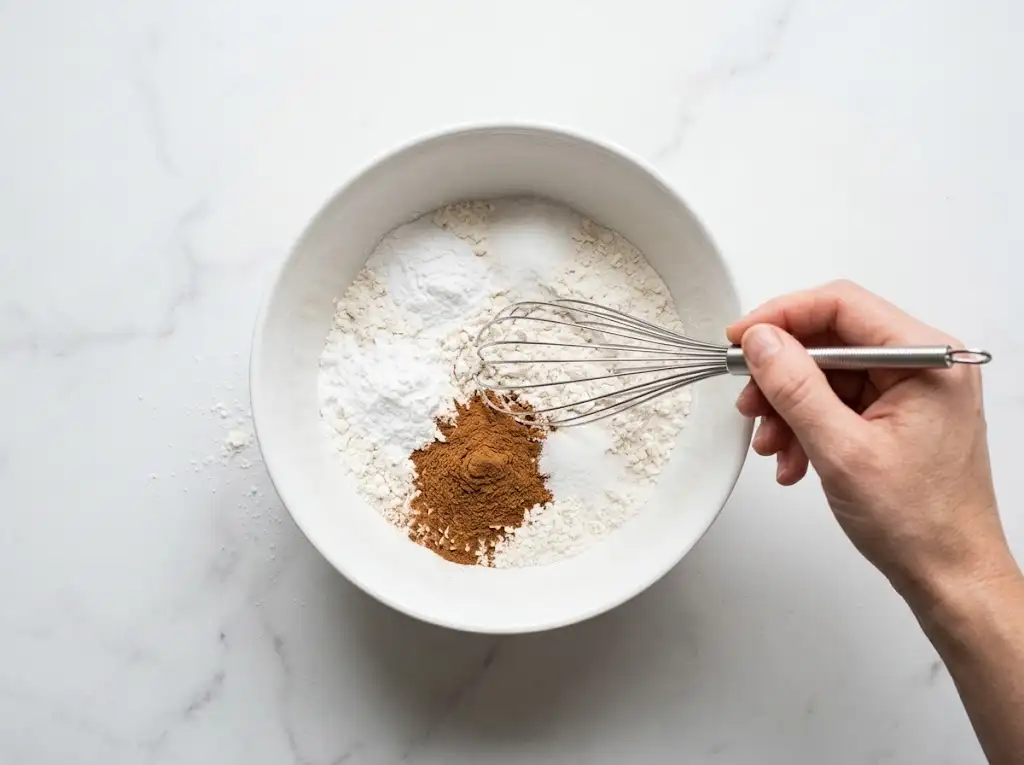 STEP2 Pumpkin Cookies with Cream Cheese Frosting "A white ceramic bowl with all-purpose flour, pumpkin pie spice, baking powder, baking soda, and salt being whisked together."