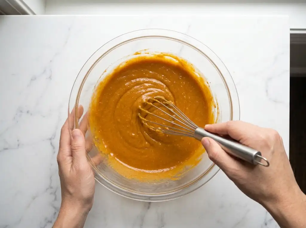 STEP3 Moist Pumpkin Bread Bright orange pumpkin puree is whisked into the smooth base, creating a uniform, deep-colored Moist Pumpkin Bread batter.