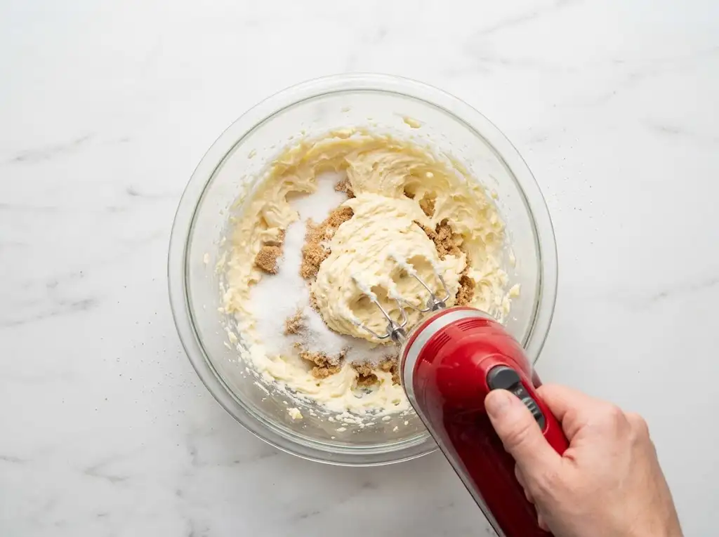 STEP3 Pumpkin Cookies with Cream Cheese Frosting "Unsalted butter, granulated sugar, and brown sugar are creamed together in a glass mixing bowl with a hand mixer until light and fluffy."