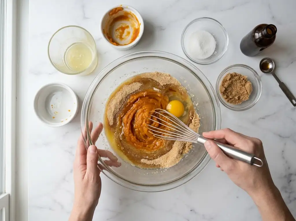 Whisking the dry ingredients—flour, baking soda, cream of tartar, and spices—for the Pumpkin Snickerdoodle Cookies dough.
