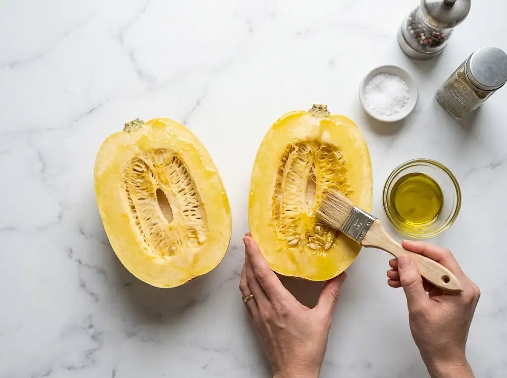 STEP4 Air Fryer Spaghetti Squash Step 4 of making air fryer spaghetti squash: brushing olive oil onto the flesh of the raw squash halves.