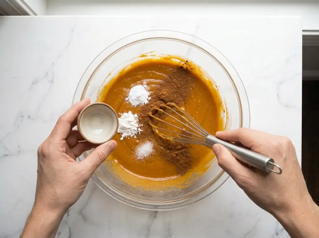 STEP4 Moist Pumpkin Bread A hand sprinkles cinnamon and other spices directly over the batter before whisking it into the Moist Pumpkin Bread mixture.