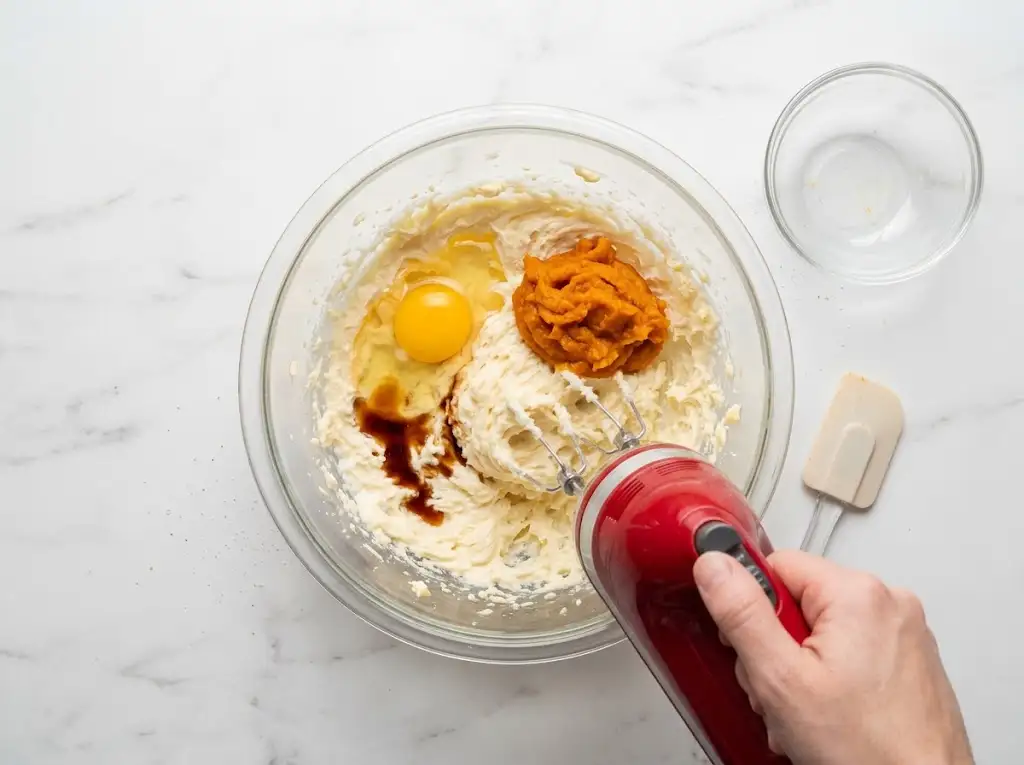 STEP4 Pumpkin Cookies with Cream Cheese Frosting "Pumpkin puree, a large egg, and vanilla extract are added to the creamed butter and sugar mixture in a large bowl."