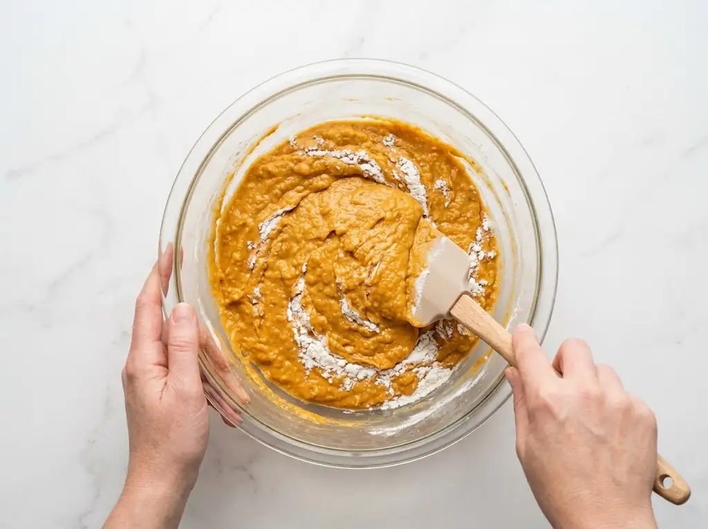STEP5 Moist Pumpkin Bread A hand gently folds flour into the thick, spiced batter with a silicone spatula, finishing the Moist Pumpkin Bread mix.
