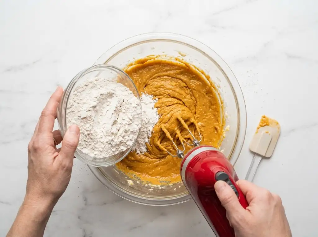 STEP5 Pumpkin Cookies with Cream Cheese Frosting "Gradually adding the dry flour and spice mixture to the wet pumpkin batter and folding them together with a spatula."