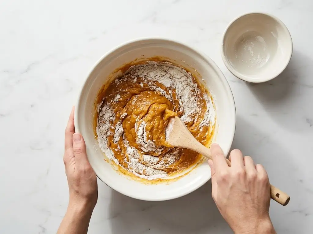 Scooping even portions of the prepared Pumpkin Snickerdoodle Cookies dough and forming them into uniform balls.