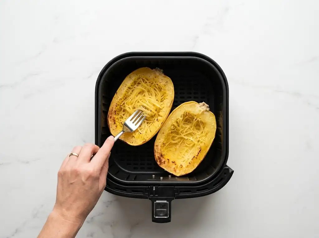 STEP6 Air Fryer Spaghetti Squash Step 6 of making air fryer spaghetti squash: pulling and fluffing the cooked squash strands with a fork.