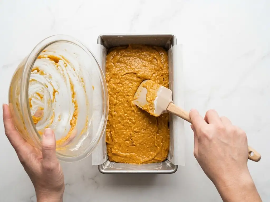 STEP6 Moist Pumpkin Bread The thick Moist Pumpkin Bread batter is scraped from a bowl into the prepared, parchment-lined loaf pan.