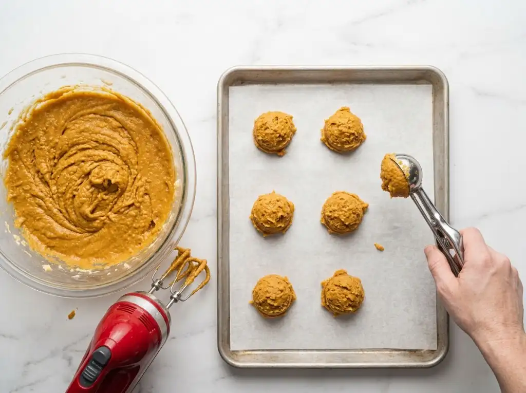 STEP6 Pumpkin Cookies with Cream Cheese Frosting "Mounds of pumpkin cookie dough being dropped onto a parchment-lined baking sheet with a cookie scoop."