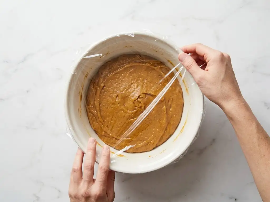 Generously rolling the raw Pumpkin Snickerdoodle Cookies dough balls in a small bowl of cinnamon sugar until fully coated.