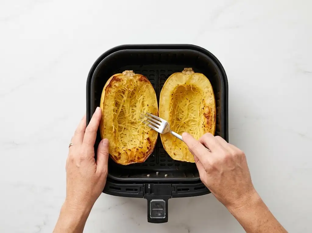 STEP7 Air Fryer Spaghetti Squash Step 7 of making air fryer spaghetti squash: checking the tenderness of the roasted squash with a fork.