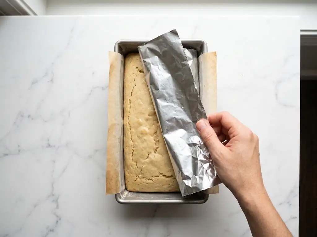 STEP7 Moist Pumpkin Bread A hand loosely tints a loaf of Moist Pumpkin Bread with aluminum foil to ensure a perfect bake and prevent over-browning.