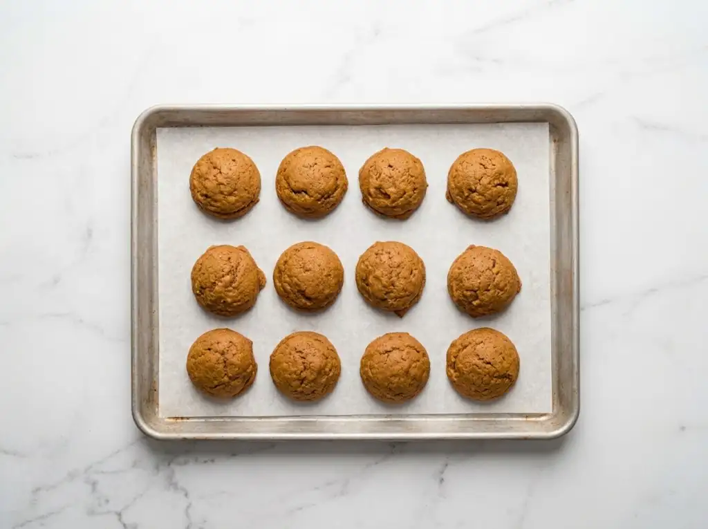 STEP7 Pumpkin Cookies with Cream Cheese Frosting "Pumpkin cookies baking in an oven on a metal rack, with golden-brown edges just beginning to form."