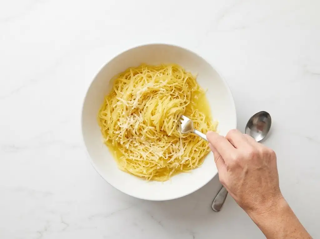 STEP8 Air Fryer Spaghetti Squash Step 8 of making air fryer spaghetti squash: tossing the warm, cooked strands with grated cheese in a white bowl.