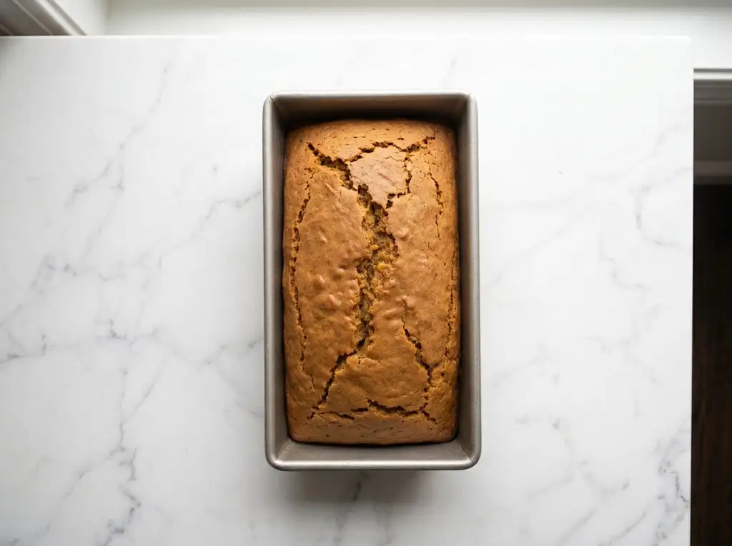 STEP8 Moist Pumpkin Bread A hand inserts a digital thermometer into the center of a baked loaf of Moist Pumpkin Bread to confirm a perfectly moist and set texture.