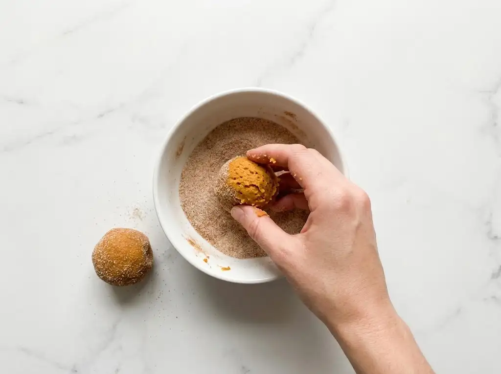 A top-down view of the spread-out Pumpkin Snickerdoodle Cookies dough balls on a tray, ready to go into the oven.
