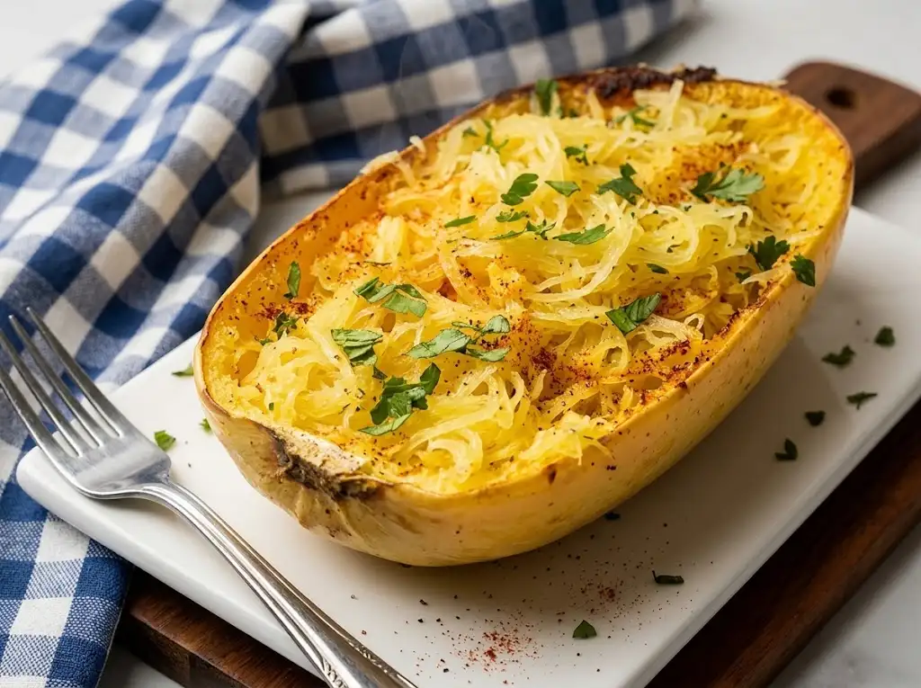 STEP9 Air Fryer Spaghetti Squash Step 9 of making air fryer spaghetti squash: final plated dish showing fluffy, seasoned squash strands ready to serve.