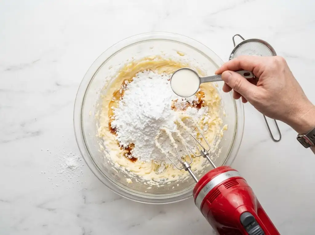 STEP9 Pumpkin Cookies with Cream Cheese Frosting "Softened cream cheese, butter, powdered sugar, and vanilla extract being beaten together with a hand mixer in a clear glass bowl to make a smooth frosting."