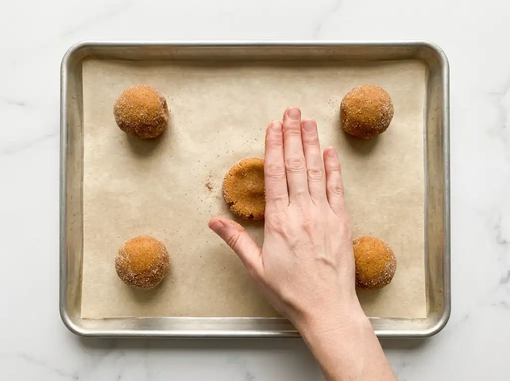 The freshly baked, warm Pumpkin Snickerdoodle Cookies cooling slightly on the hot baking pan after removal from the oven.