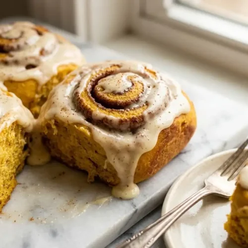 A close-up view of freshly baked, glazed sourdough pumpkin cinnamon rolls on a marble board by a window.