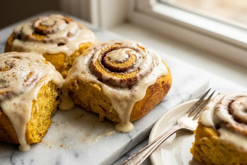 A close-up view of freshly baked, glazed sourdough pumpkin cinnamon rolls on a marble board by a window.