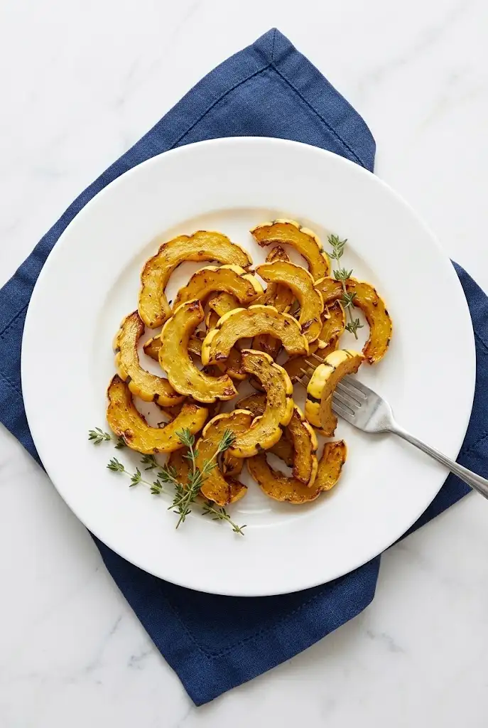 present Air Fryer Delicata Squash A healthy side dish of roasted air fryer delicata squash on a white plate over a blue linen napkin.