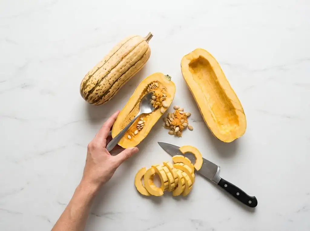 step 1 Air Fryer Delicata Squash Step-by-step guide showing how to cut and scoop seeds from a delicata squash for air frying.
