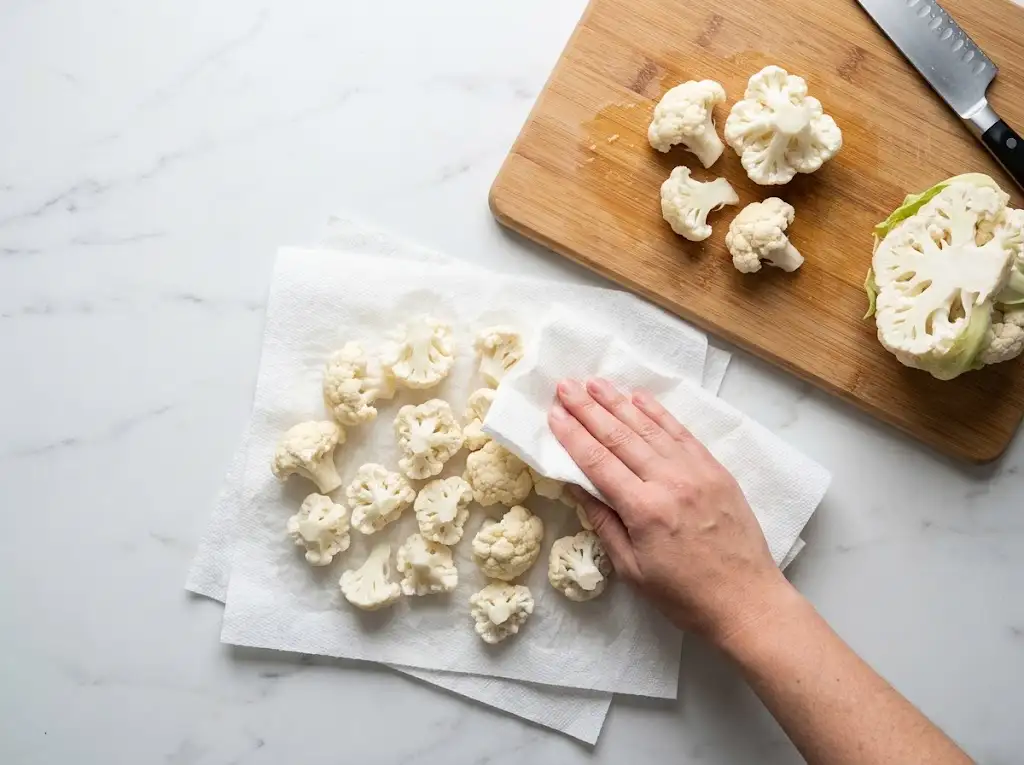 step1 Air Fryer Buffalo Cauliflower Patting freshly cut raw cauliflower florets dry with a paper towel on a white marble countertop to prep for the air fryer.