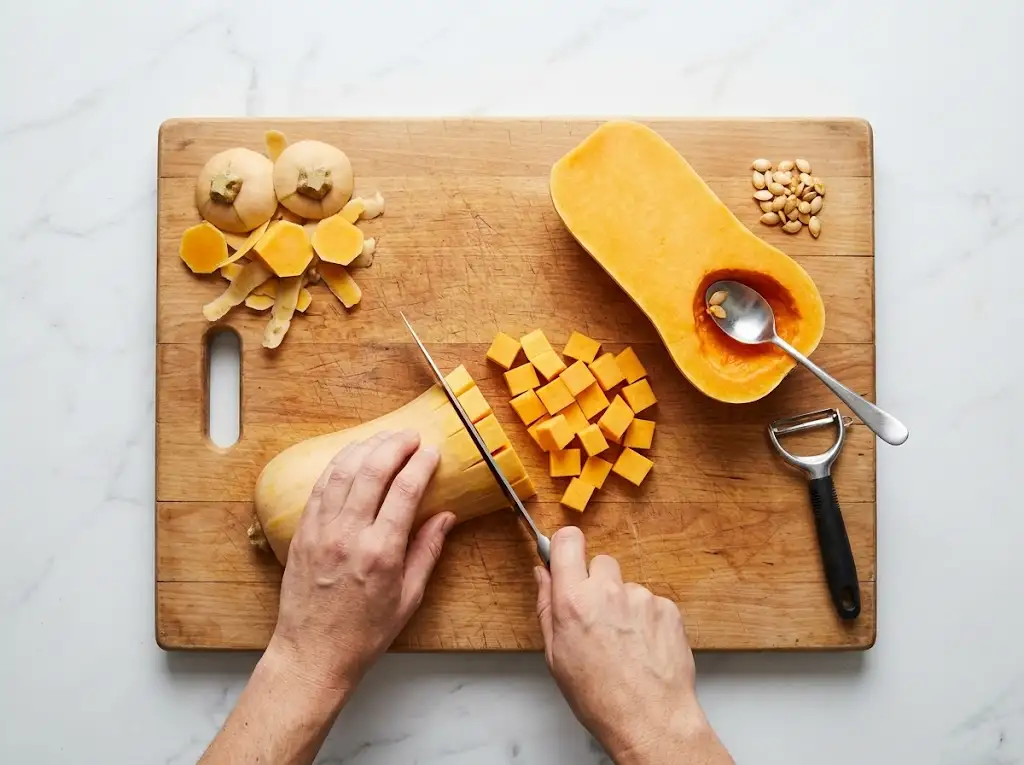 Peeling and dicing fresh squash into cubes on a wooden cutting board for air fryer butternut squash