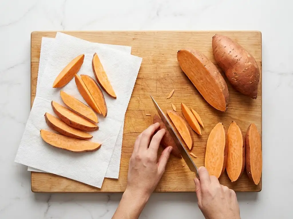 step1 Air Fryer Sweet Potato Wedges "Top-down view of a person's hands cutting a whole sweet potato into wedges on a wooden cutting board. Includes raw sweet potato wedges on paper towels and whole potatoes. Perfect step for air fryer wedges."