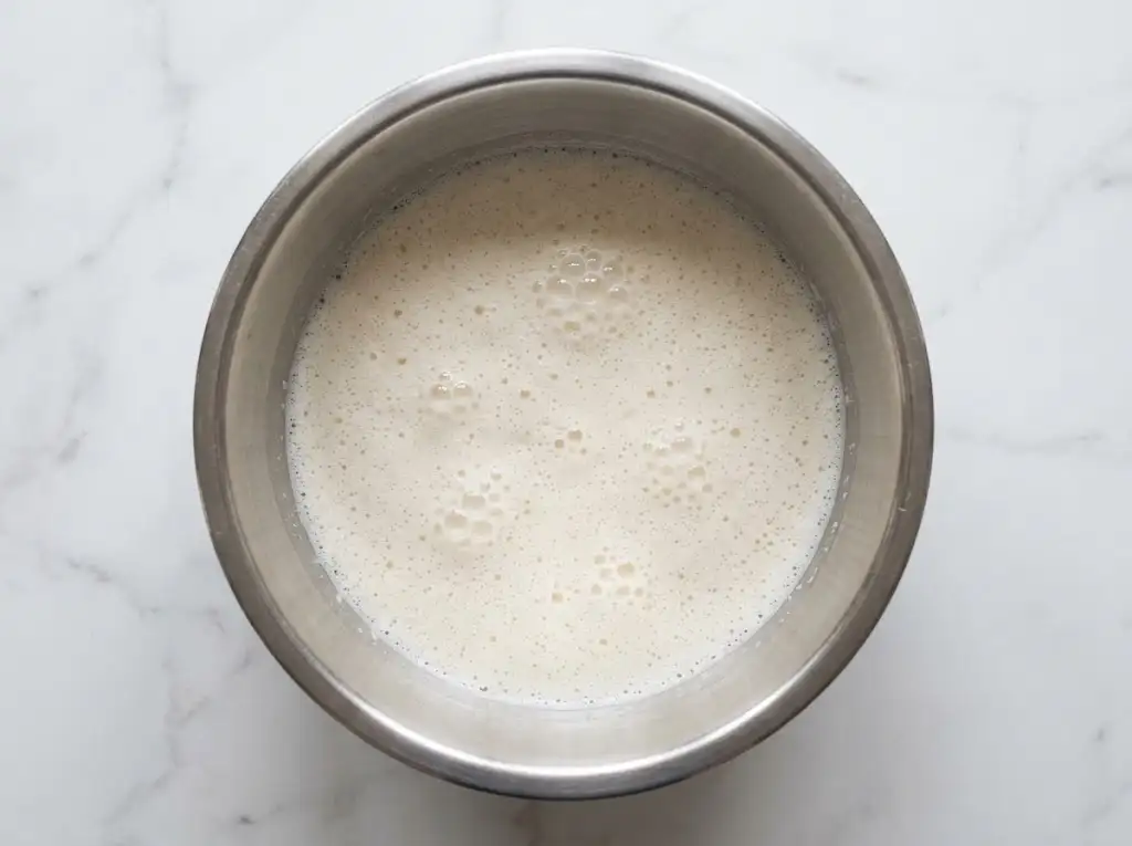 Preparing yeast mixture for pumpkin cinnamon rolls in a metal bowl on a marble counter.