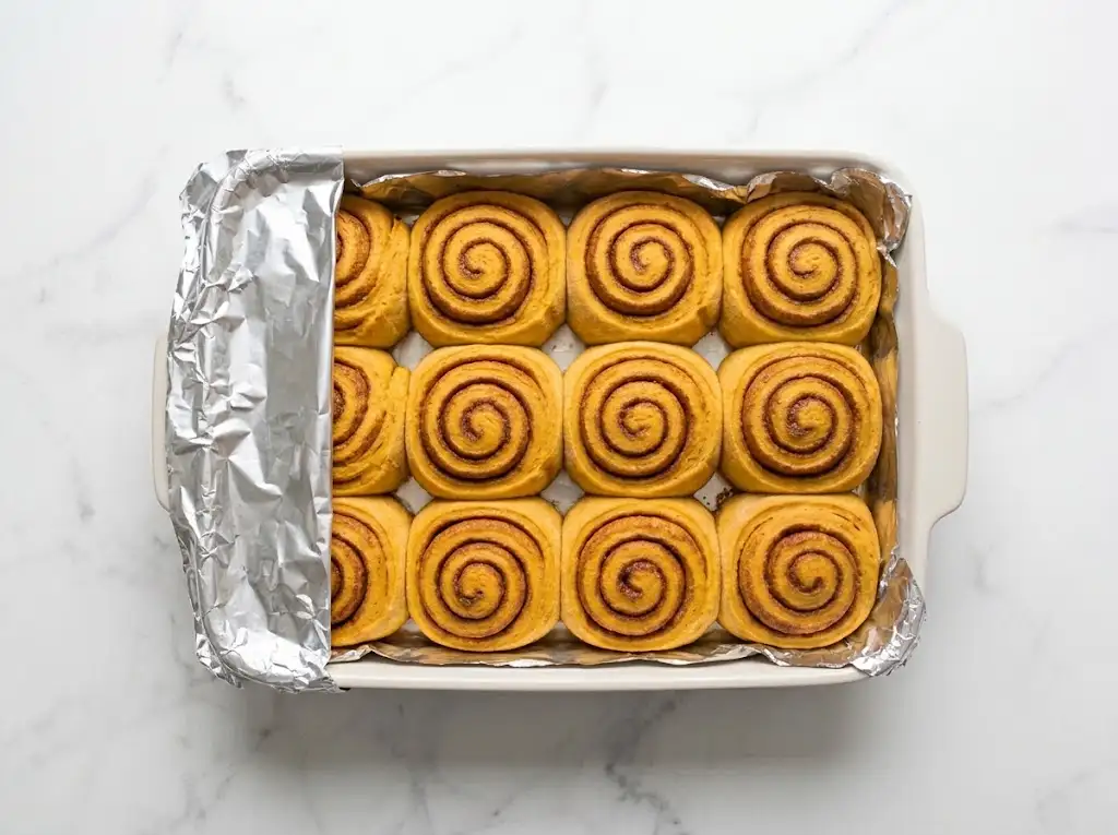 Inserting a digital thermometer into a baked pumpkin cinnamon roll to check for doneness.