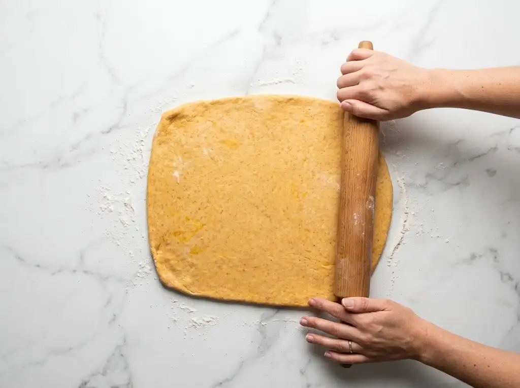 step10 Sourdough Pumpkin Cinnamon Rolls Rolling out the golden-orange sourdough pumpkin cinnamon rolls dough on a marble countertop with a rolling pin.