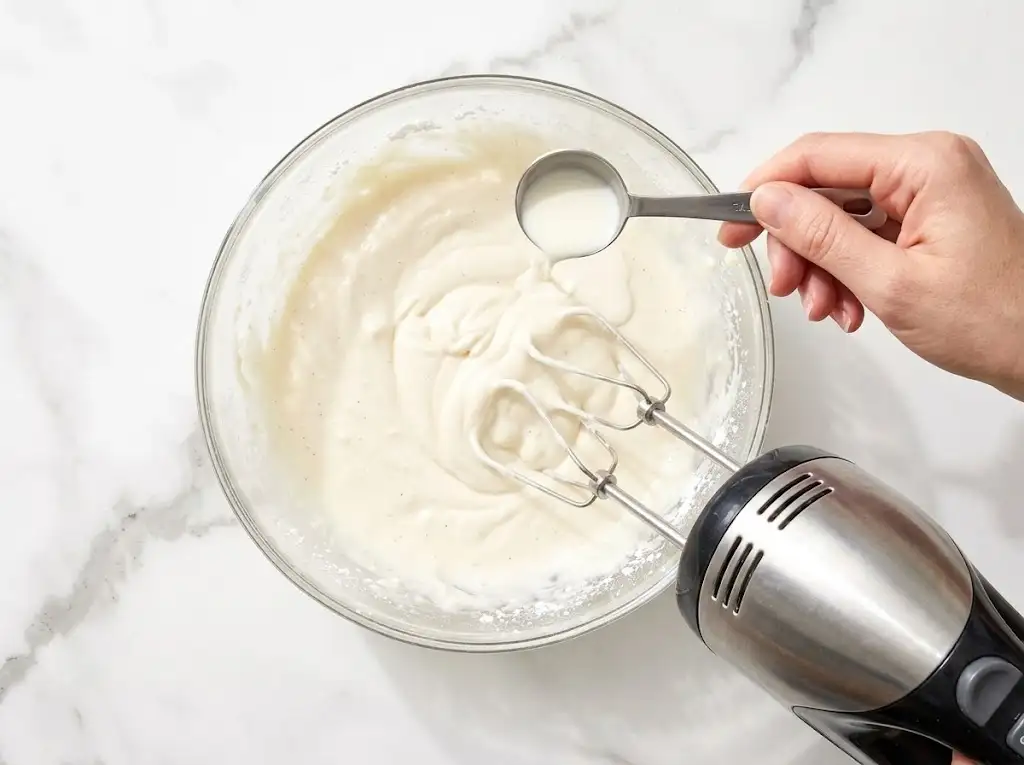 Whisking a creamy cream cheese frosting for pumpkin cinnamon rolls, with milk being poured in.