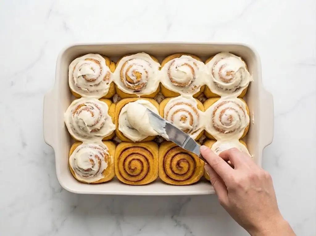 A hand using an offset spatula to spread cream cheese frosting over a baked pumpkin cinnamon roll.