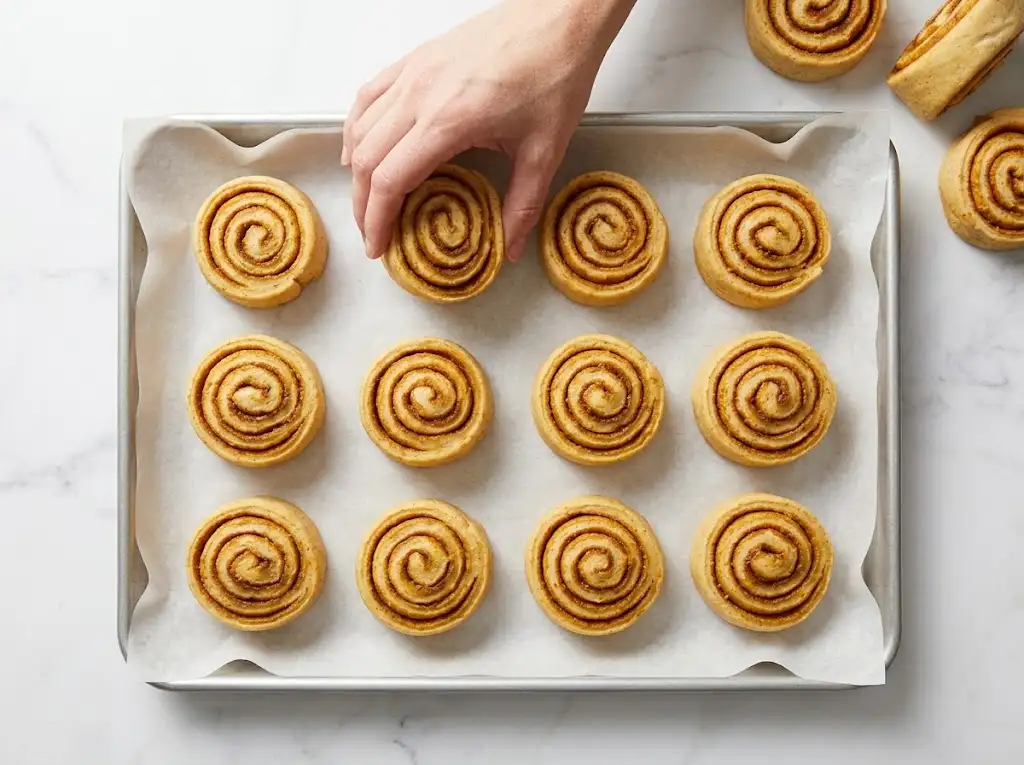 step14 Sourdough Pumpkin Cinnamon Rolls Placing unbaked, sliced sourdough pumpkin cinnamon rolls onto a parchment-lined baking sheet.