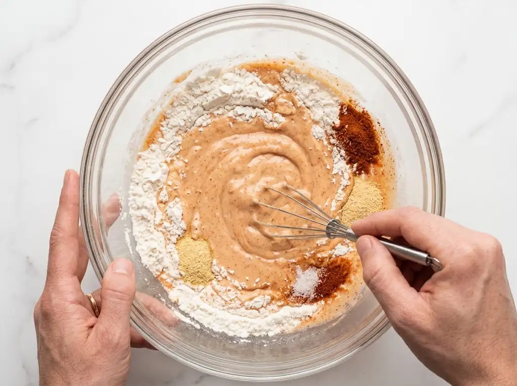 step2 Air Fryer Buffalo Cauliflower Whisking flour, spices, and wet ingredients together in a glass bowl to create the batter for air fryer buffalo cauliflower.