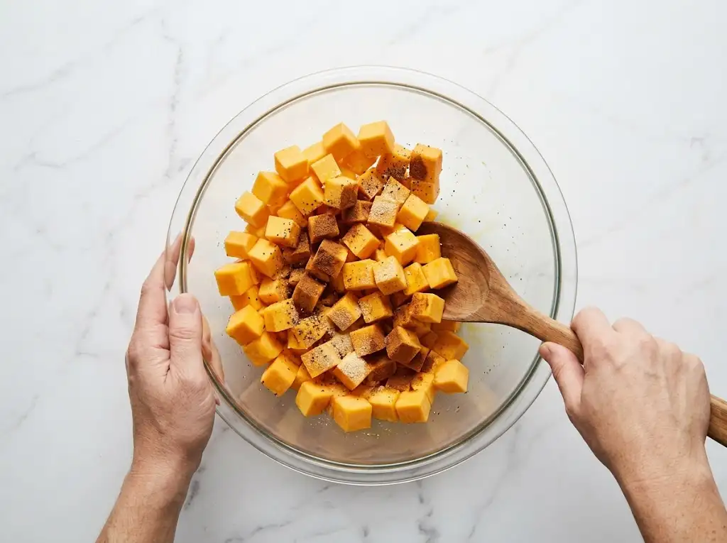 Tossing cubed squash with spices and seasonings in a glass mixing bowl to prepare air fryer butternut squash