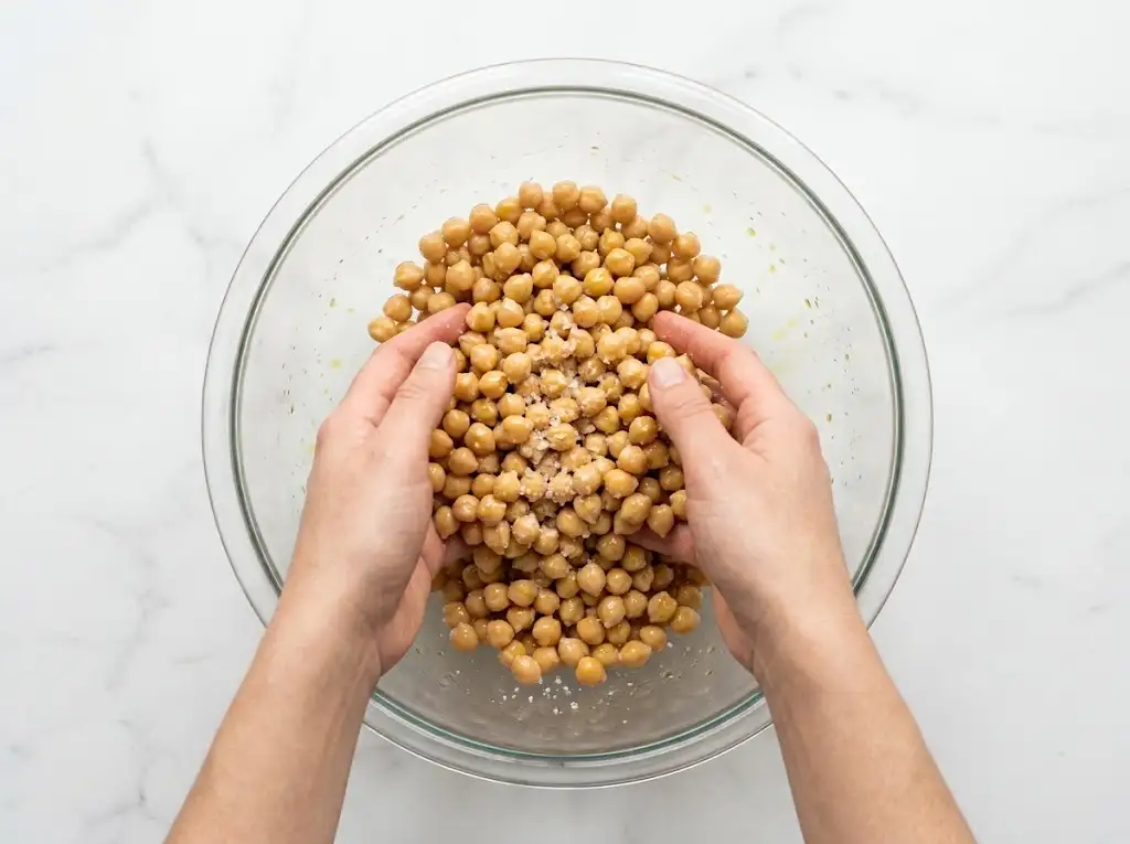 step2 Air Fryer Chickpeas Hands tossing dried chickpeas with olive oil and salt in a glass mixing bowl to prep for the air fryer.