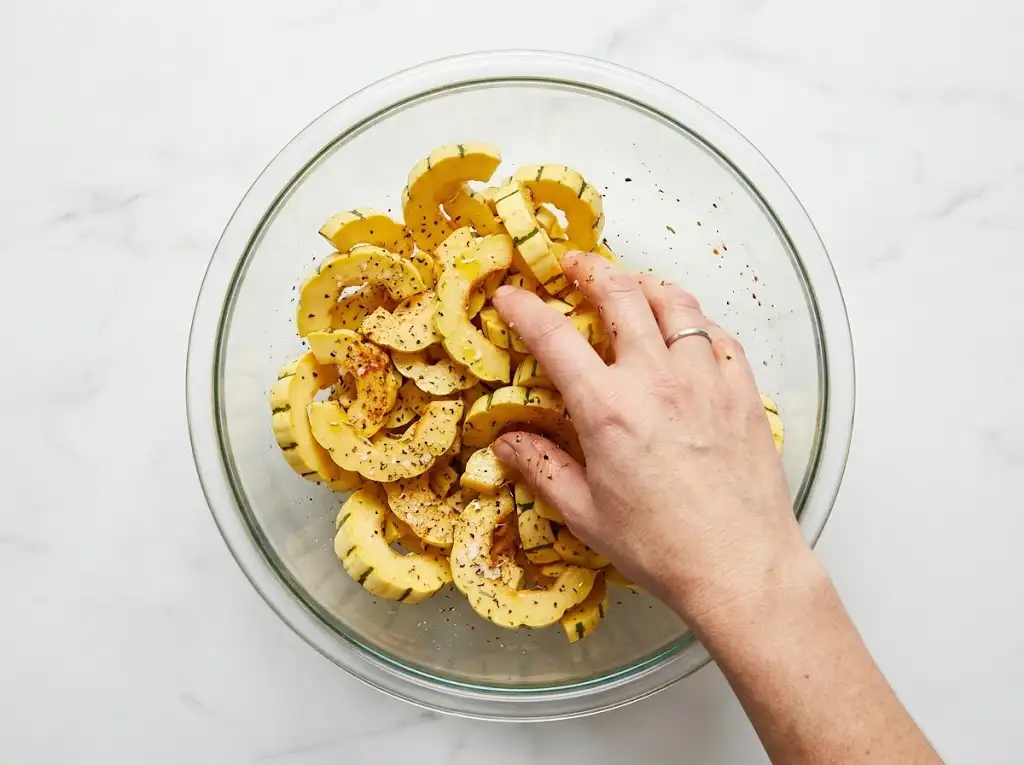 step2 Air Fryer Delicata Squash Tossing raw delicata squash slices with olive oil and seasonings in a clear glass mixing bowl.
